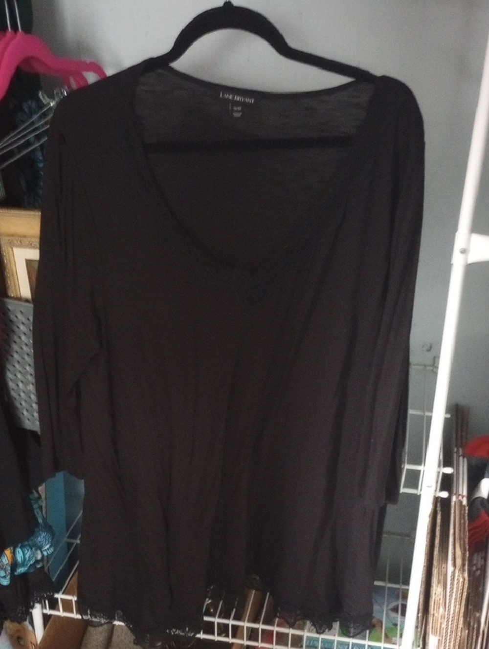 Lane Bryant Black Scoop Neck Long Sleeve Top with Lace Trim